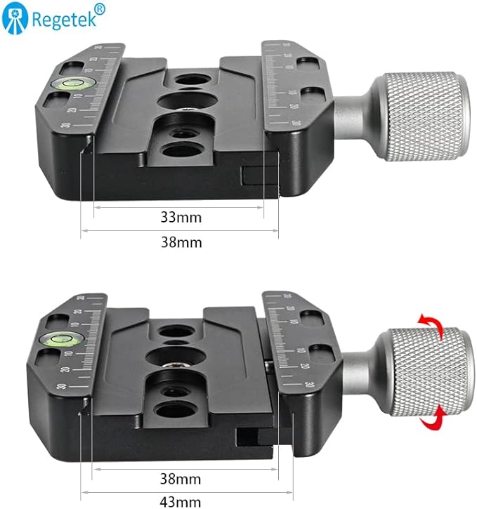 Aluminium 2.75''/70mm Arca Swiss Quick Release Clamp, Arca QR Clamp 3/8-inch with 1/4-inch Screw and Bubble Level, Adjustable Lever Knob, Compatible with Arca-Swiss Plate Tripod Ball Head