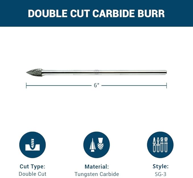Benchmark Abrasives 6” Pointed Tree Shape Double Cut Tungsten Carbide Die Grinder Bits Metal Deburring Tool Rotary Burr, 1/4 Inch Shaft, Engraving Tool for Woodworking Shaping Carving (SG-3)