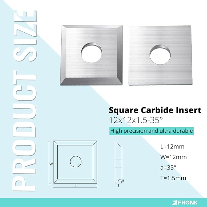 12mm Square Straight Carbide Cutters, for Woodturning Replacement Cutter Knives, Fits Spiral, Helical Planer Cutter, Wood Lathe Turning Tool, 10-Piece (12x12x1.5-35°)