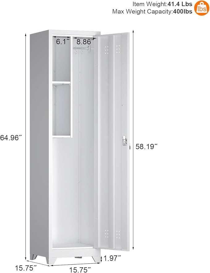 Metal Tall Broom Storage Cabinet, 65" Broom Closet Cabinets with Adjustable Shelves and S-Hooks, Slim Bathroom Cabinet, Metal Storage Cabinets for Home Office, Pantry, Bathroom