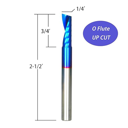 O Single Flute Upcut Spiral End Mill CNC Router Bit with NACO Coating for Plastic Cutting with Mirror Finish (2, 1/8 D x 1/2 CH x 1/4 SHK x 2 L)