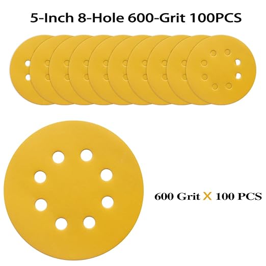 100PCS 5 Inch 8 Hole Sanding Discs 600 Grit,Gold Round Hook and Loop Sandpaper for Random Orbital Sander