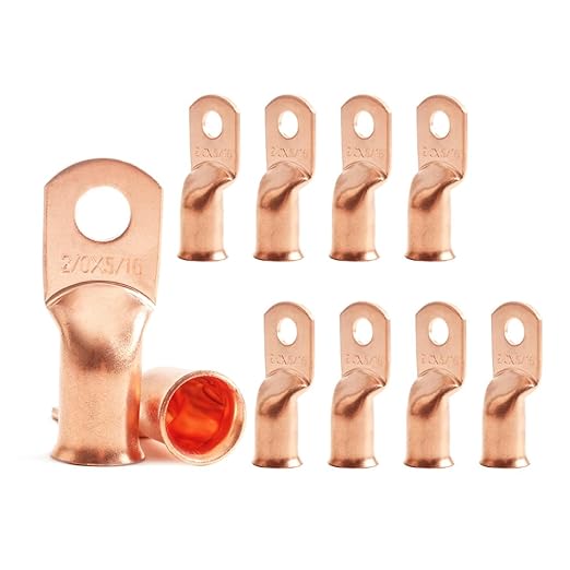 10Pcs 2/0 AWG 5/16" Stud Heavy Duty Copper Wire Lugs 2/0 Gauge Ring Terminals Battery Cable Ends Bare Copper Eyelets Tubular Ring Terminal for Car Boat Marine