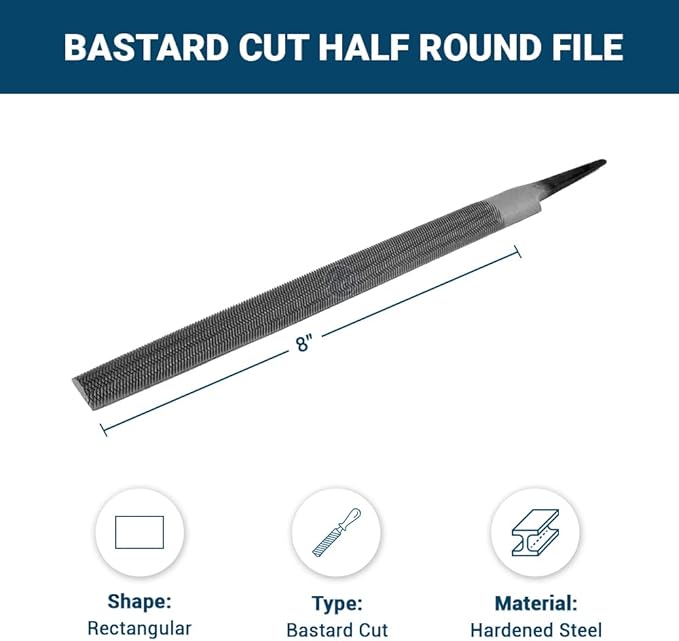 Benchmark Abrasives 8" Bastard Cut Half Round Aluminum Metal Hand File Tool, Hardened Steel File, Deburr Shaping Filing Soft Metal Aluminum Tin Iron Copper Plastic Hard Wood Metalworking DIY (8")