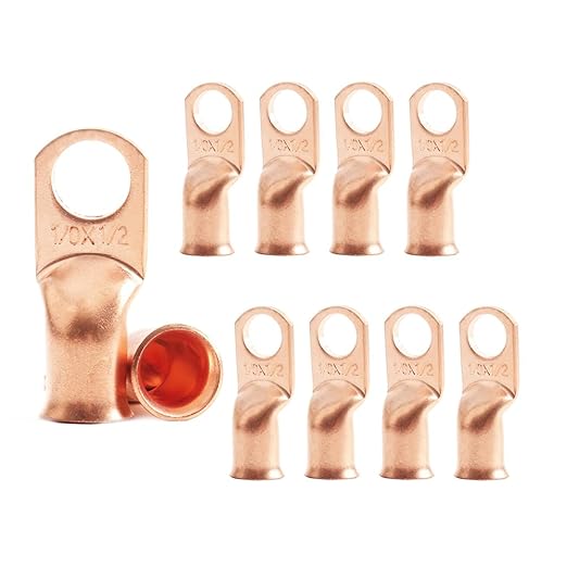 1/0 AWG 1/2" Stud (10 pcs.) Heavy Duty Battery Ring Terminal, 0 Gauge Connectors, Copper Wire Lugs, Ring Terminals, Cable Ends, Bare Eyelets, Tubular Terminal Connectors