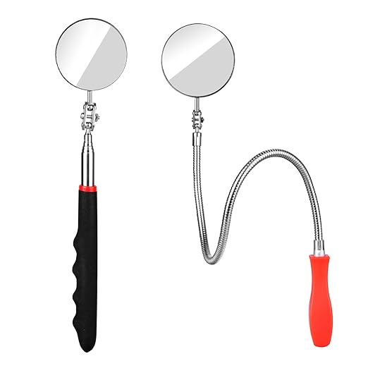 2 Pcs Inspection Mirror, Mechanics Mirror Tool with Long Handle, Round Extendable Mirror on a Stick & 360 Rotation Bendable Circular Mirror for Technicians Mechanics Contractors Checking Observation