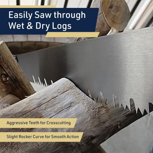 Hand Saw for Wood Cutting - 3’ One Man Crosscut Saw for Logging with Screw-on Auxiliary Handle, Great American Style Teeth, and Self-Clearing Gullets by Kings County Tools