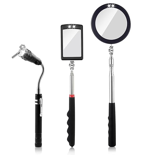 3 Pack Telescoping Inspection Mirrors LED Light & Magnet Flashlight Pickup Tool Set, Large 3.75" Round, 3.3" Square Mirror, for Inspection Viewing, Mechanic Checking, Observation