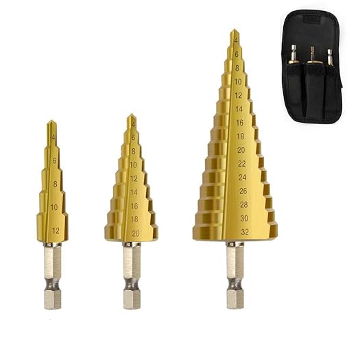 Metric Step Drill Set,Zhushan 3Pcs High-Speed Steel Shank Titanium Step Drill Bits for Sheet Metal Hole Drilling from 4-12mm/4-20mm/4-32mm