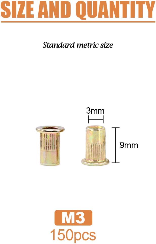 Keadic 150Pcs M3 Rivet Nuts Metric Zinc Plated Rivet Nut Carbon Steel Rivet Nut Flat Head Threaded Insert Kit Threaded Rivet Insert Nutsert Rivnuts Kit for Furniture