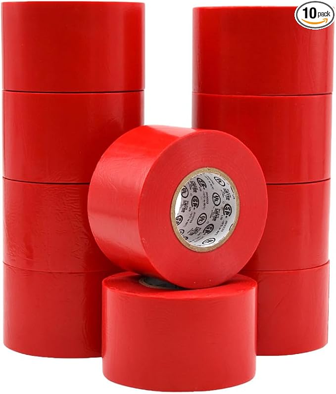WOD ETC766 Professional Grade General Purpose Red Electrical Tape UL/CSA Listed core. Vinyl Rubber Adhesive Electrical Tape: 2 inch X 66 ft. - Use at No More Than 600V & 176F (Pack of 10)