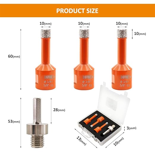 Diamond Core Drill Bit Kit BGTEC Diamond Hole Saw Tile Cutter for Porcelain Tile Ceramic Marble Brick Granite Stone, 5/8"-11 Thread Hole Saw 10/10/10mm+HEX Adapter