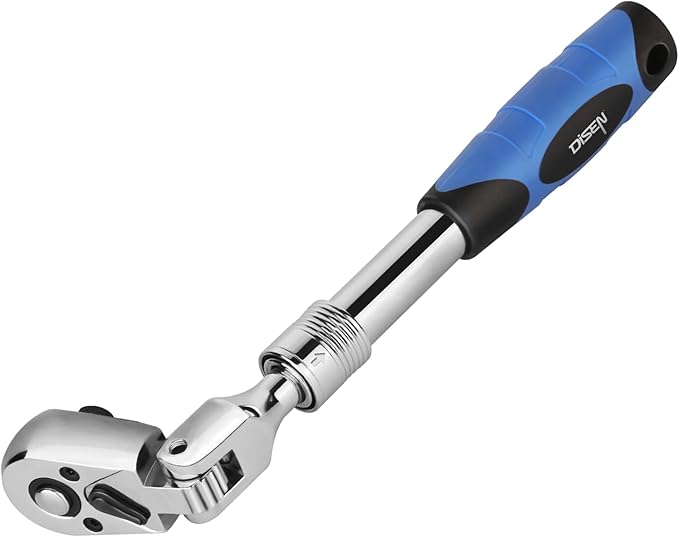 DISEN 3/8" Drive Extendable Ratchet,72-Tooth Flex-Head Ratchet Wrench with Quick Release Locking，Soft-Grip with Reversible Switch,Full-Polished Chrome Plating