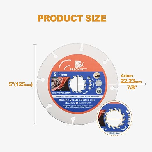 Carbide Multi Wheel,BRSCHNITT 2pcs 5 Inch (125mm) with Arbor 7/8" Tungsten Carbide Cut Off Wheel for Wood,Laminate,Gypsum Board,Plastic for Angle Grinder Cutting Disc