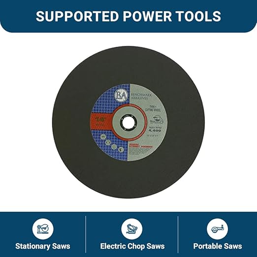 Benchmark Abrasives Aluminum Oxide Type 1, 14 Inch Chop Saw Blade, Cutting Wheel with 1/8" X 1" Arbor, Fast Circular Saw Blades for Cutting Metal Steel Drywall - Grinding Wheel - 10 Pack