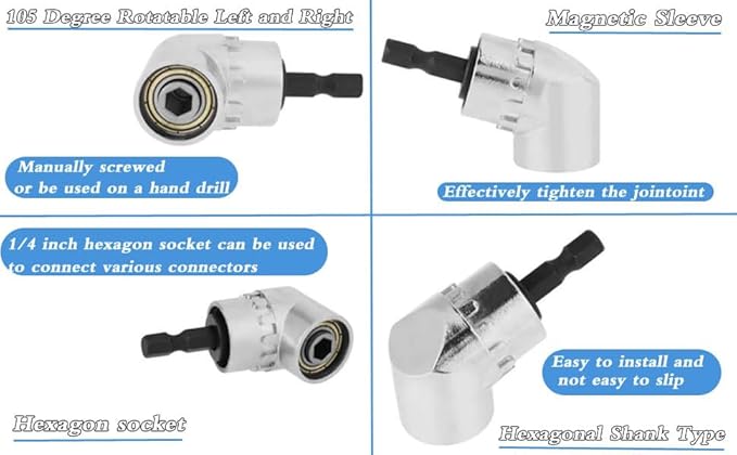 105 Degree Right Angle Drill Adapter, 1/4" Hex Shank Driver Angle Drill Attachment with Multi-function Bend Screwdriver Bit, Angle Driver for Drill, Drill Attachment for Household Work (L+S（SR）)