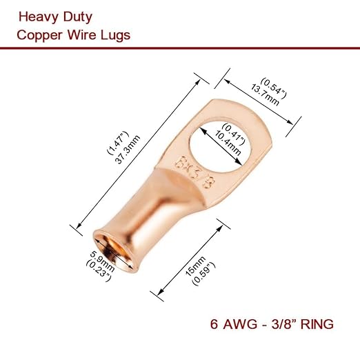 8Pcs 6 AWG 3/8" Stud and 8Pcs 6 AWG 5/16" Stud Heavy Duty Copper Wire Lugs with 16Pcs Heat Shrink Tubing Ring Terminals 6 awg Battery Cable Ends Bare Copper Eyelets