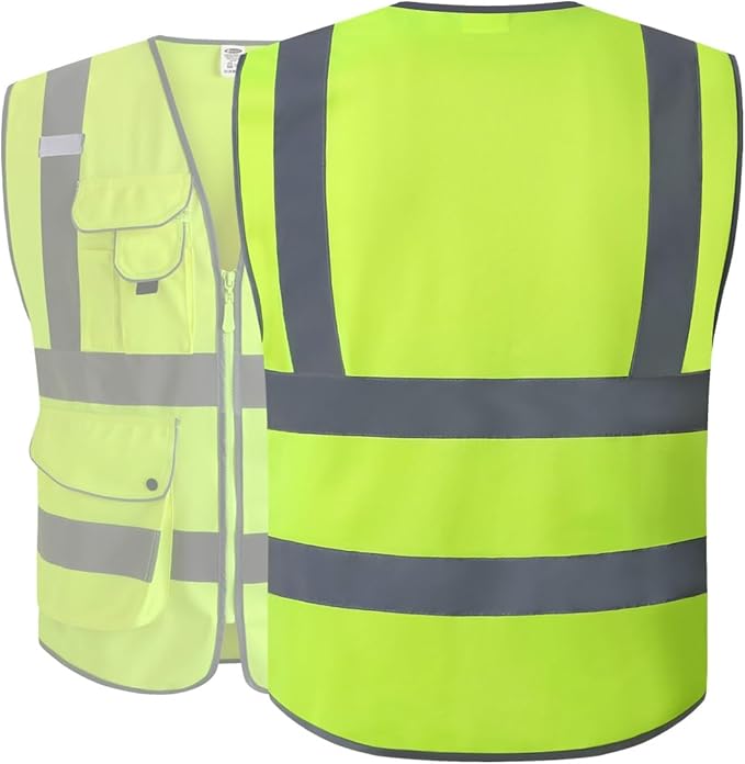 JKSafety 20 Pack 9 Pockets Class 2 High Visibility Zipper Front Safety Vest With Reflective Strips,Meets ANSI/ISEA Standard (Medium, 156-Yellow)
