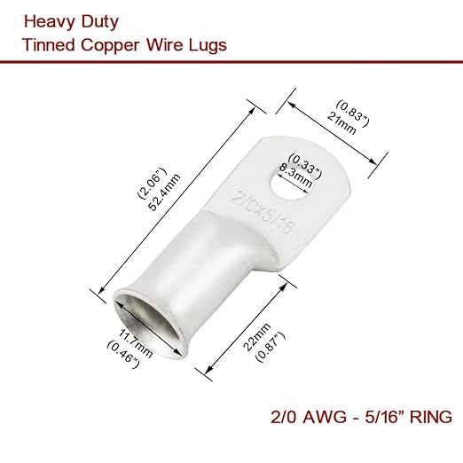 8Pcs 2/0 AWG 3/8" Stud and 8Pcs 2/0 AWG 5/16" Stud Heavy Duty Tinned 2/0 Copper Wire Lugs with 16Pcs Heat Shrink Tubing Ring Terminals 2/0 Battery Cable Ends Bare Copper Eyelets