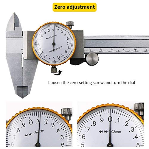 Dial Calipers 15 cm, 0.02 mm Accuracy Stainless Steel Vernier Caliper Imperial Caliper Shockproof Metric Measuring Tool
