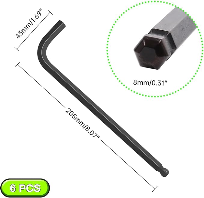 8mm Extra Long Arm Ball End Hex Key Set, 6pcs L-Shaped Allen Wrenches, CR-V Steel, Black Oxide Finish, High Torque Repairing Tool for Furniture, Bike, Equipment Maintenance