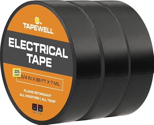 Black Electrical Tape - Professional Grade - 3/4 inch x 66ft - PVC Vinyl Electrical Insulating Tape for All Weather - U/L Approved - Waterproof - Pack of 3