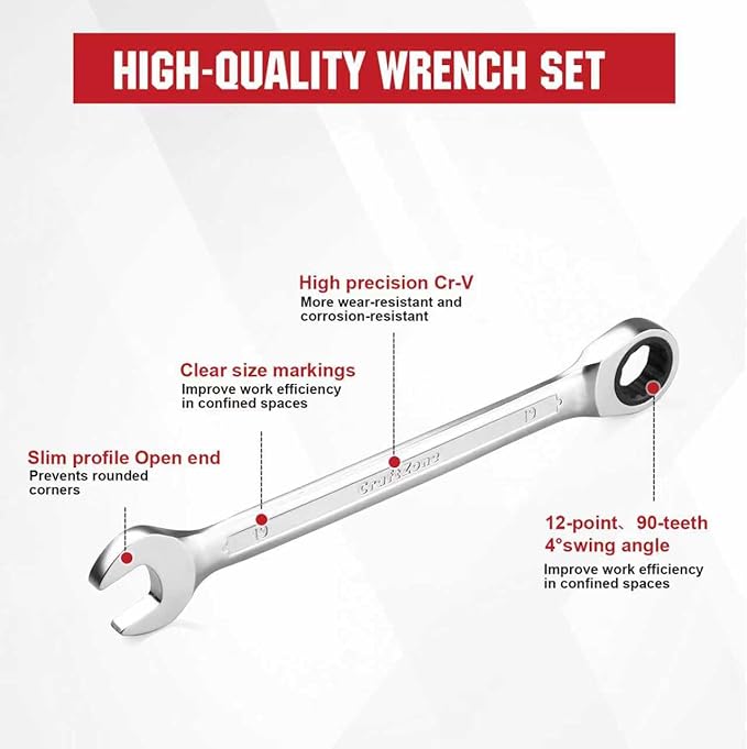 12pcs Ratchet Combination Wrench Set Metric And Standard, 90-Teeth, Metric 8mm-19mm