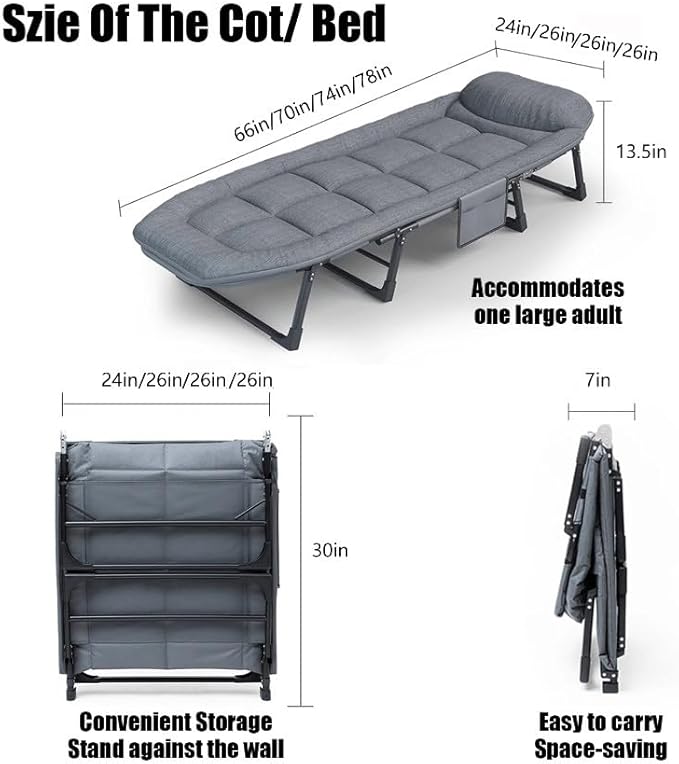 Camping Cot Recliner Portable Folding Bed with Pillow Adjustable Backrest Heavy Duty Frame for Sleeping Travel Office Indoor Outdoor Use (Medium(70in))