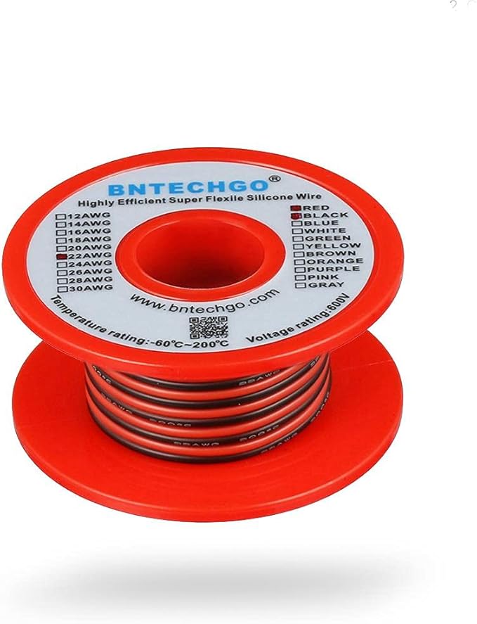 BNTECHGO 22 Gauge Flexible 2 Conductor Parallel Silicone Wire Spool Red Black High Resistant 200 deg C 600V for Single Color LED Strip Extension Cable Cord,Model,25ft Stranded Tinned Copper Wire