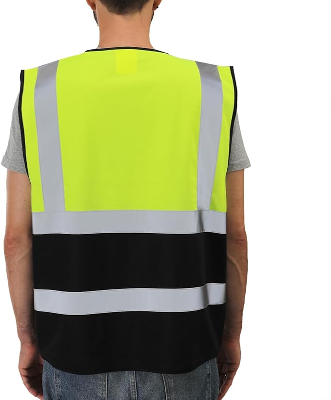 Dib Safety Reflective Vest High Visibility with Pockets and Zipper, Yellow and Black XL