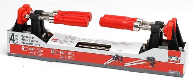 BESSEY GSCC4PK-C Clamp Set for Woodworking, F-style with Wood Handle, Replaceable Pads, 2 x 6 In and 2 x 12 In, 600 lb, Red/Black/Silver