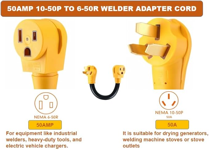 50A Welder Adapter Cord, NEMA 10-50P to 6-50R, 1ft Heavy Duty 8AWG STW for Plasma Cutters & Welders | 3-Prong Range/Stove to Welder Converter | Heat-Resistant, Ergonomic Grip