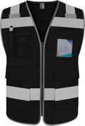 TCCFCCT Safety Vest for Men Women 5 Pockets Reflective Vest with Reinforced Zipper, High Visibility Construction Work Vest with Tabs for Walkie-talkie, Durable to Use, Meets ANSI/ISEA, Black, XXL