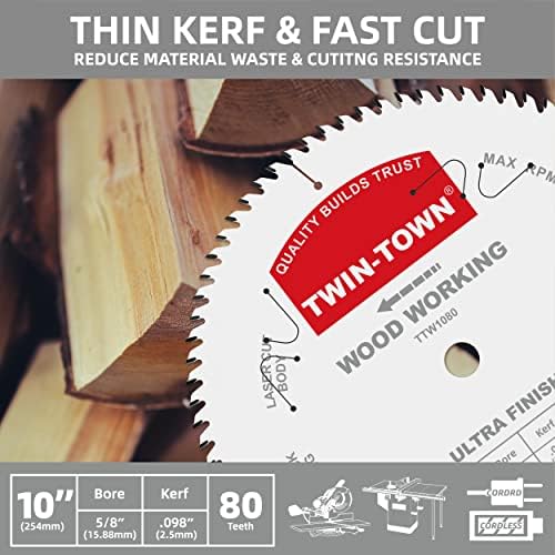 TWIN-TOWN 10-Inch 80-Tooth ATB Fine Finish Wood Cutting Circular Saw Blade, 5/8 Inch Arbor, Compatible with Table and Miter Saws, Premium Quality Woodworking Saw Blade