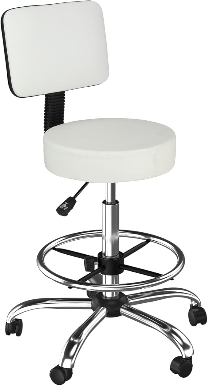 OmySalon Drafting Chair,Ergonomic Office Desk Chair with Back Support,Tall Adjustable Rolling Stool with Footrest & Thick Seat Cushion,Computer Chair for Salon Medical Spa Home Bar Kitchen, White