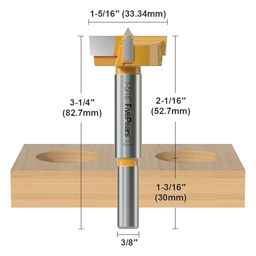 FivePears Forstner Drill Bit 3/8 inch Shank, 1-5/16 inch Cutting Diameter, Carbide Tipped Wood Hole Saw Auger Opener, Hole Opener Hinge Hole Cutter for Woodworking, Plastic, Plywood Products