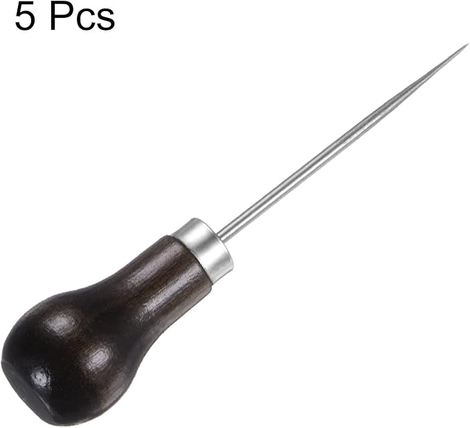 HARFINGTON 5pcs Handwork Sewing Awl Single Gourd Awl Leather Punch Hole Tool with Wooden Handle Scratch for Broken Wire Make Mark Drilling Stitching Repair and DIY Handmade, Dark Brown