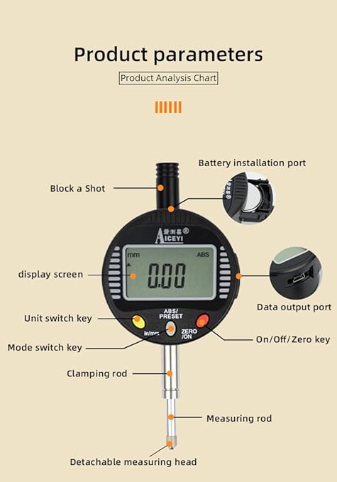 Digital dial Gauge with a Range of 0-4in/101.6mm and a Digital Indicator Accuracy of 0.01mm/0.0005 "Metric and Imperial Measure Tool Electronic Dial Gauge (ACE-B100)
