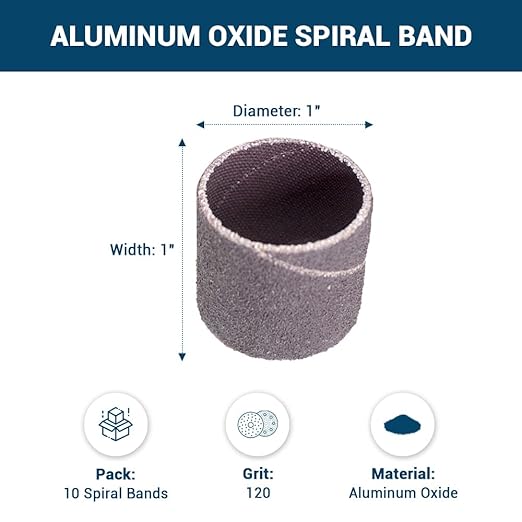 Benchmark Abrasives 1" x 1" Aluminum Oxide Abrasive Spiral Bands for Rotary Tools, Drum Sleeves for Sanding Deburring Blending Polishing on Metals Plastic Wood Rubber (10 Pack) - 120 Grit