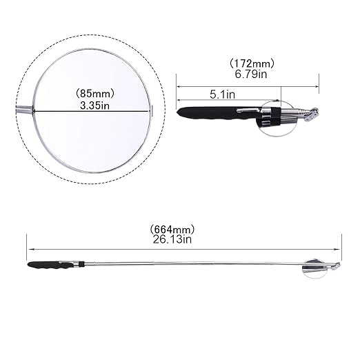 Telescopic Inspection Circular Mirror with 2 LED, Inspection Mirror on a Stick, Inspection Mirror for Extension Pole, Used for Automobiles, 50mm/85mm Large Circular Mirror with Pen Buckle