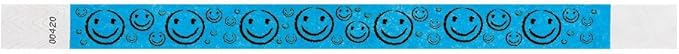 500 WristCo Neon Blue Smiley Face Tyvek Wristbands for Events - ¾” x 10” - Waterproof Recyclable Comfortable Tear Resistant Paper Bracelets Wrist Bands for Concerts Festivals Admission Party