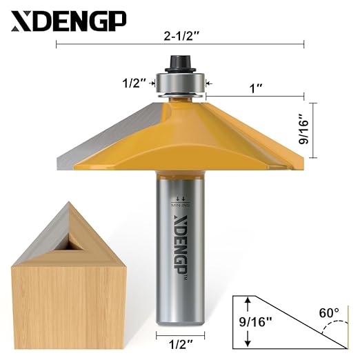 60 Degree Chamfer Router Bit with 9/16 Inch Cutting Length,1/2 Inch Shank Carbide Edge Forming Bevel Router Bit with Bearing, Chamfer Bit Miter Angle Milling Cutters Tool
