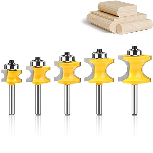 WSOOX 5PCS Bullnose Beading Router Bits with 1/4-Inch Shank Carbide-Tipped Corner Beading Bits Set Radius:1/4",3/8",1/2",5/8",3/4"