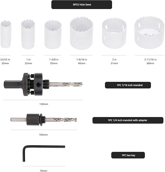 Amazon Basics 9-Piece Bi-Metal High Speed Steel Hole Saw Kit with Carrying Case, 25/32" to 2-11/16”, Black