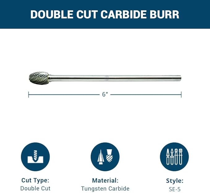 Benchmark Abrasives 6” Oval/Egg Shape Double Cut Tungsten Carbide Die Grinder Bits Metal Deburring Tool Rotary Burr, 1/4 Inch Shaft, Engraving Tool for Woodworking Shaping Carving (SE-5)