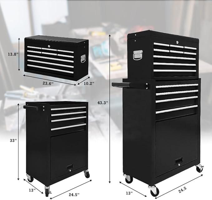 13 Drawer Rolling Tool Chest with Wheels, 2 in 1 Detachable Tool Chest with Drawers, Large Tool Box with Lock, Metal Tool Cabinet for Garage Workshop(Black)