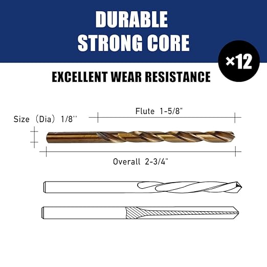 12pcs 1/8" Cobalt Drill Bits, M35 Jobber Drill Bits Set for Metal, Stainless Steel, Cast Iron, Wood, Plastic, Fully Ground from Pro Edge Technology