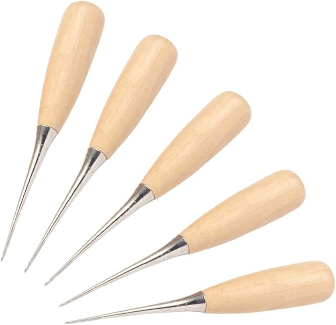 WUTA Leather Craft Awl Tools Leather Hole Punch Tool Sewing Punching Hole Maker Stitching Over Stitch Wood Handle 5 Packs