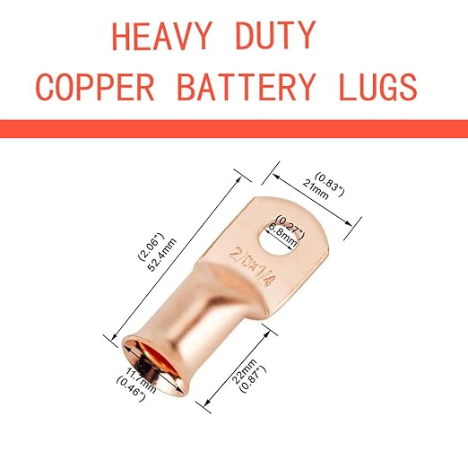 10Pcs 2/0 AWG 1/4" Stud Heavy Duty Copper Wire Lugs 2/0 Gauge Copper Ring Terminals Battery Cable Ends Bare Copper Eyelets Tubular Ring Terminal for Car Boat Marine