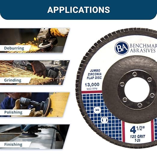 Benchmark Abrasives 4.5" x 7/8" Premium High Density Jumbo Zirconia Type 29 Flap Discs 4 1/2 for Angle Grinder, Sanding Discs, Finishing - Grinding Wheels 4 1/2 Inch (10 Pack) - 120 Grit